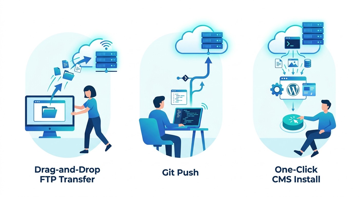 Three ways to upload website files when you publish a website: drag-and-drop FTP, Git push, and one-click CMS install