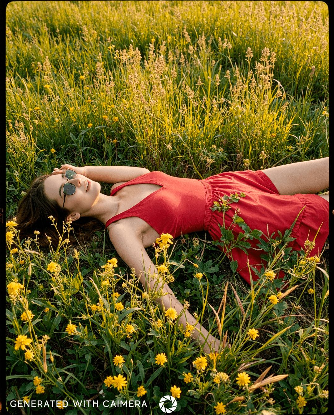 Person in vibrant red dress lying in meadow of yellow wildflowers, bathed in golden summer light, wearing round sunglasses