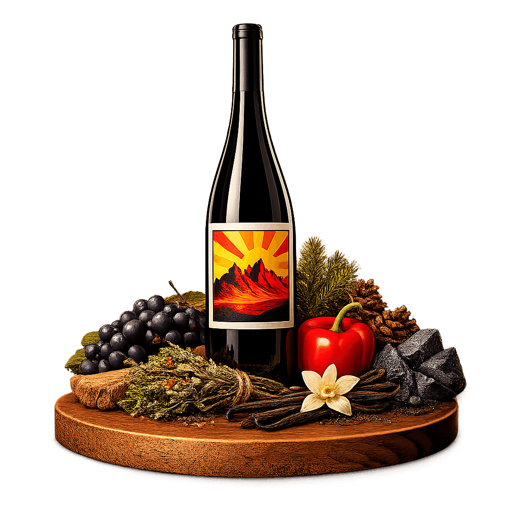 Artistic label and flavor profile for Ningxia Cabernet Sauvignon on a rustic wooden table.