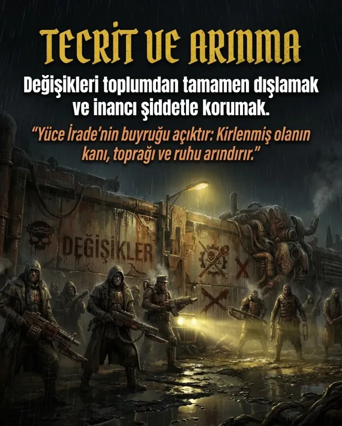 Nanomorf I: Değişikler – İlahi Nöbetçiler fraksiyonunun 'tecrit ve arınma' ayaklanması. İthaki Yayınları tarzı distopik estetikte, yerli biyopunk bilimkurgu serisine ait sahne görseli.