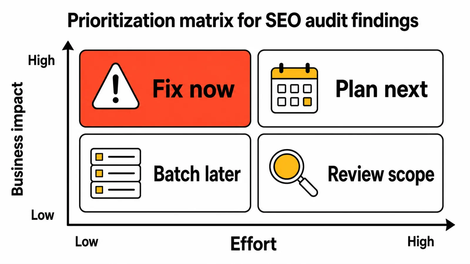 SEO audit findings priority matrix by impact and effort