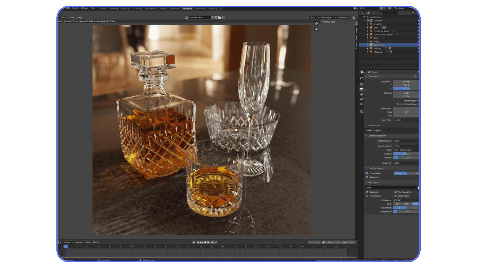Blender Cycles render of glass bottles and glasses showing realistic reflections and refractions