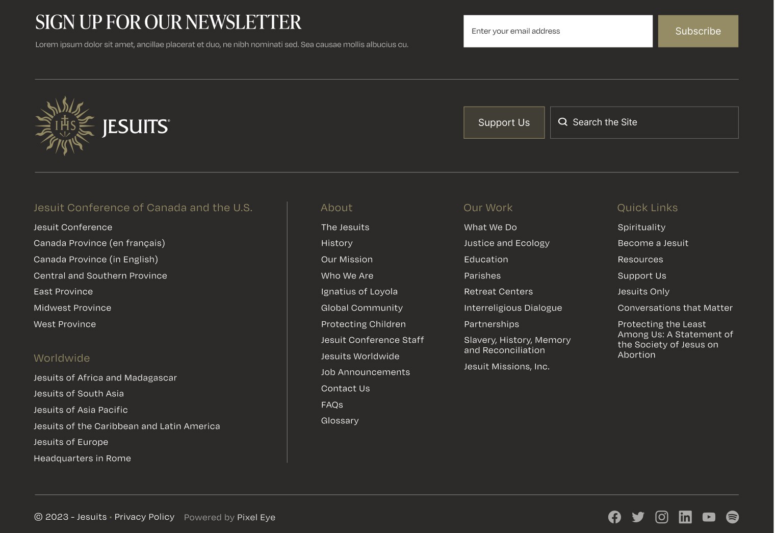 A dark-themed website interface featuring navigation links, a search bar, and various content sections.