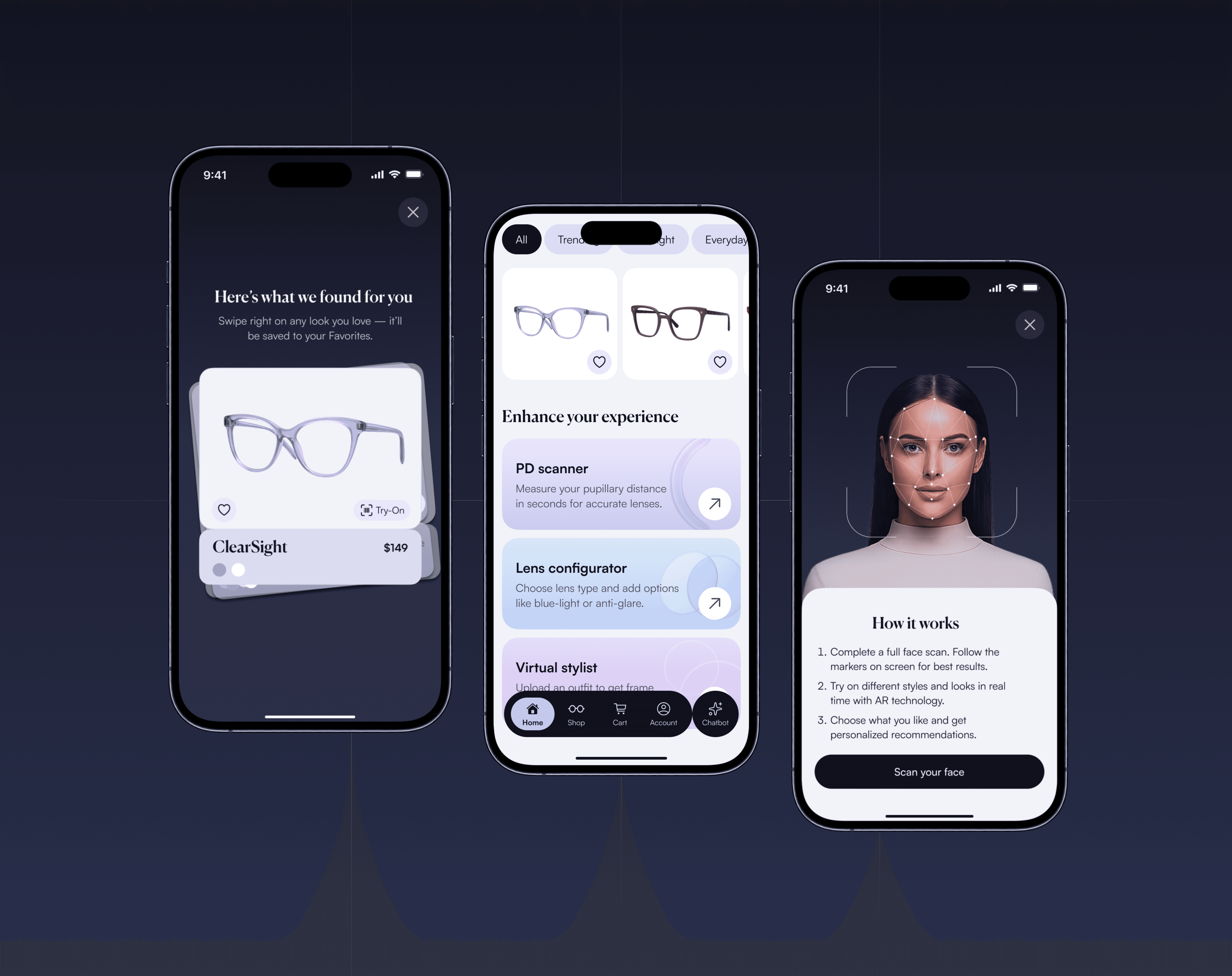 AR scanning happens in two steps, full face and close-up, to ensure accuracy with clear instructions that build trust. Swiping adds gamification, making frame selection playful.