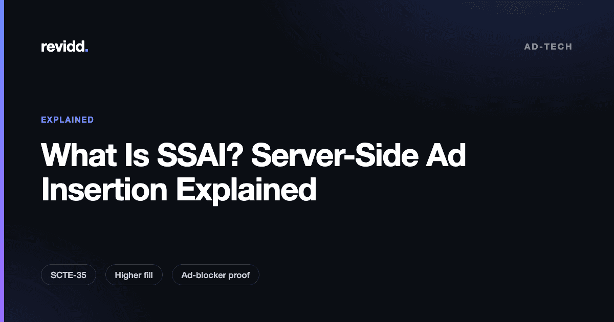 Diagram showing how server-side ad insertion stitches ads into a video manifest using SCTE-35 markers for FAST and AVOD streaming