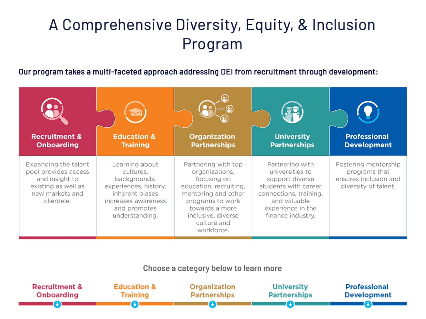 DEI program overview showing five pillars—recruitment and onboarding, education and training, organization partnerships, university partnerships, and professional development—with brief descriptions of each.