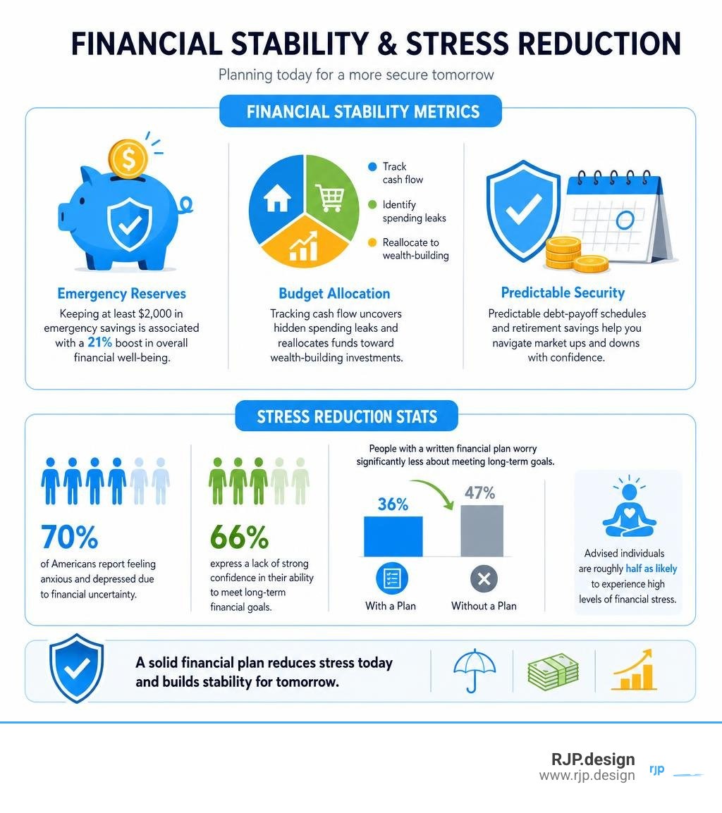 Infographic showing financial stability metrics and stress reduction stats infographic