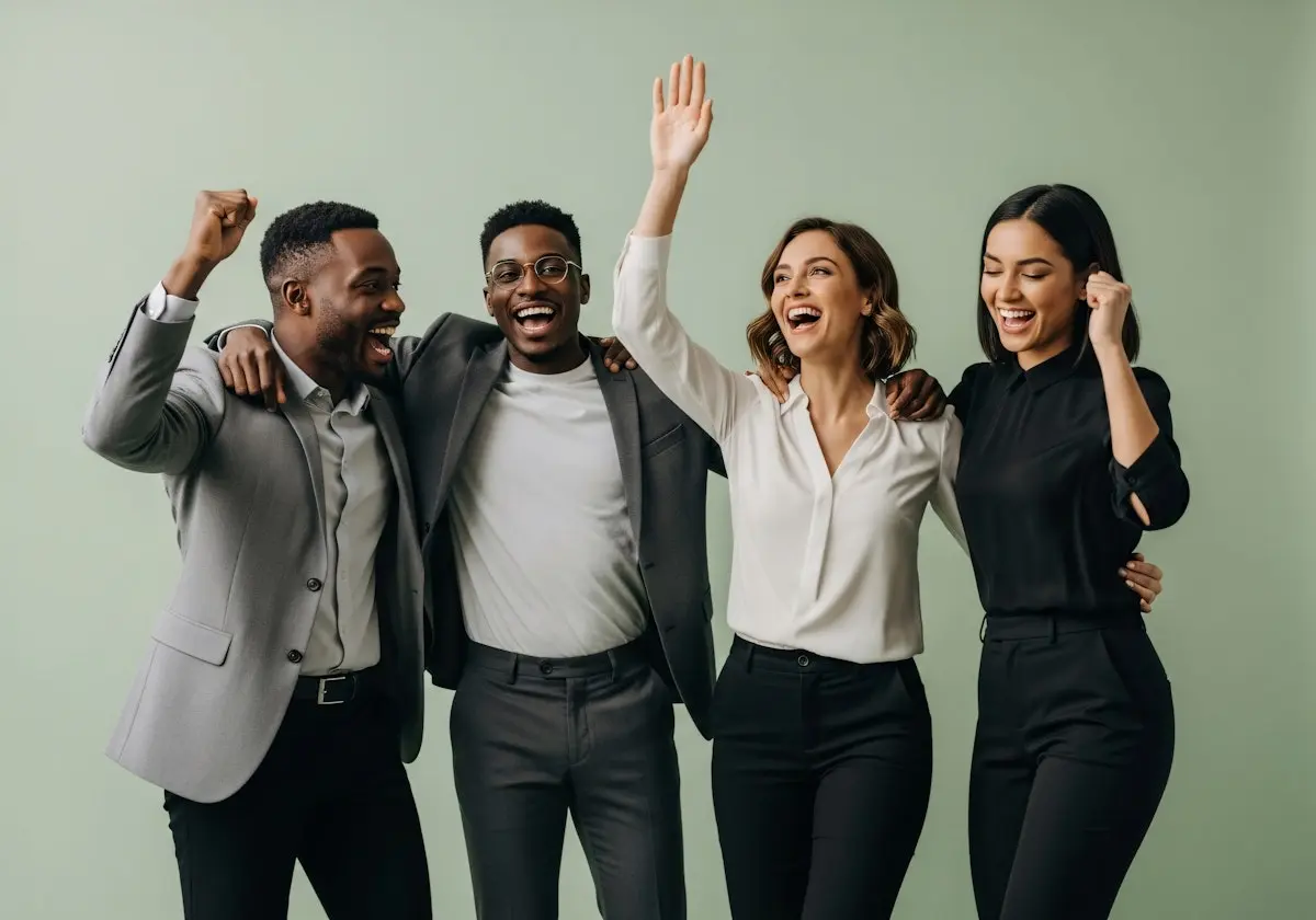 Group of colleagues celebrating teamwork and success with high five