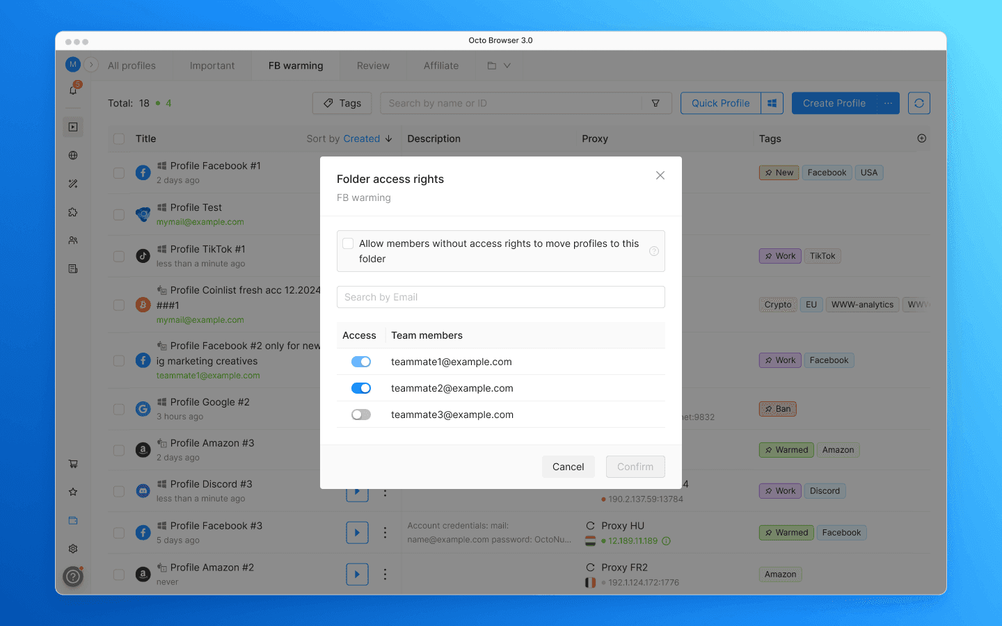 Folder access is configured separately for each team member