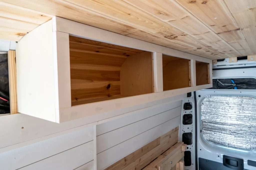 overhead cabinet and shelves for campervan conversion
