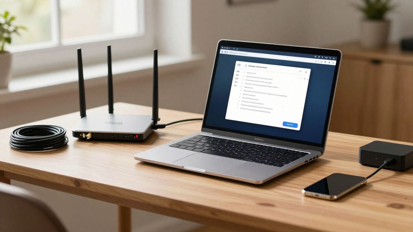Router and laptop beside network equipment