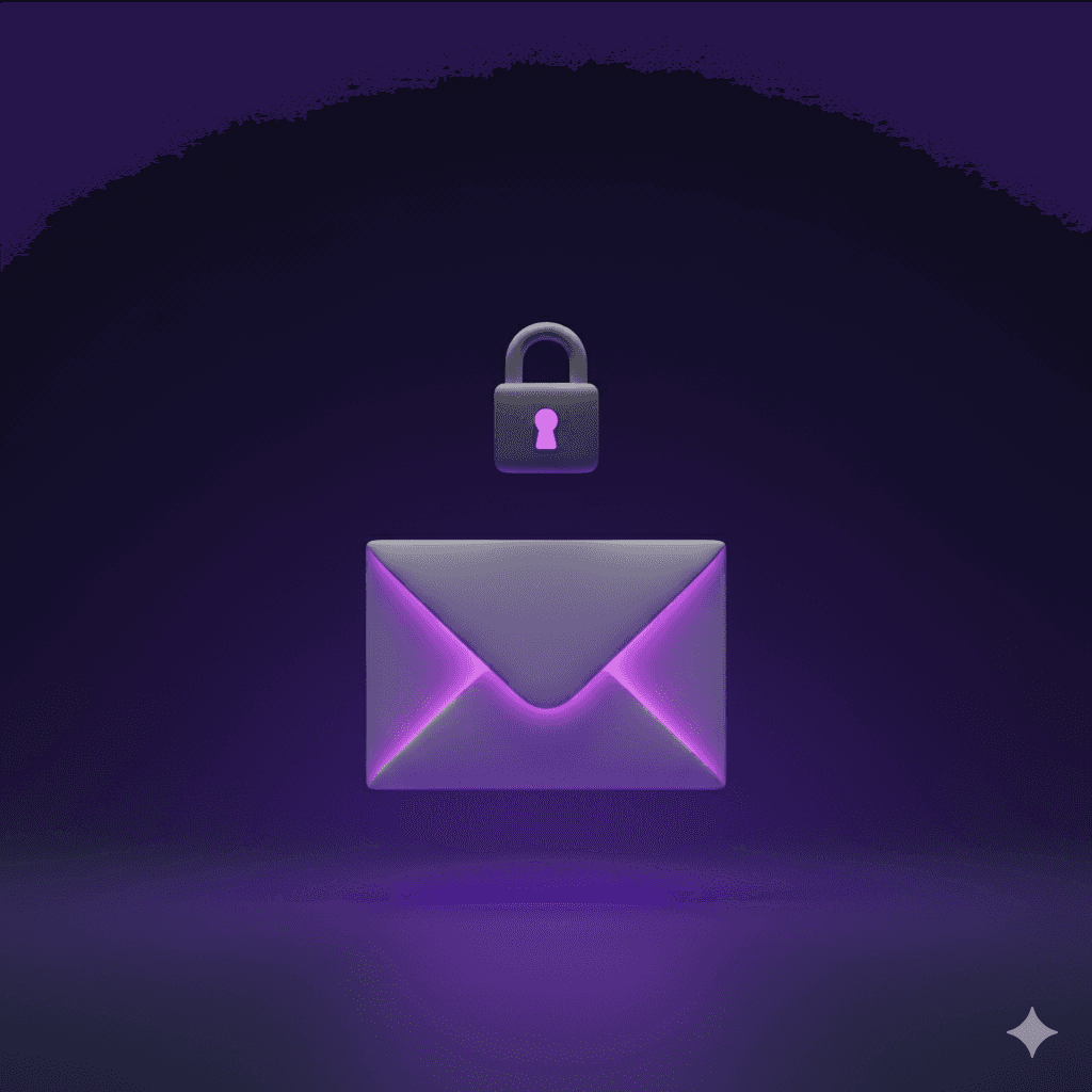 A glowing sealed envelope with a purple padlock floating above it on a dark navy background, representing an NDA signed on the first day of employment