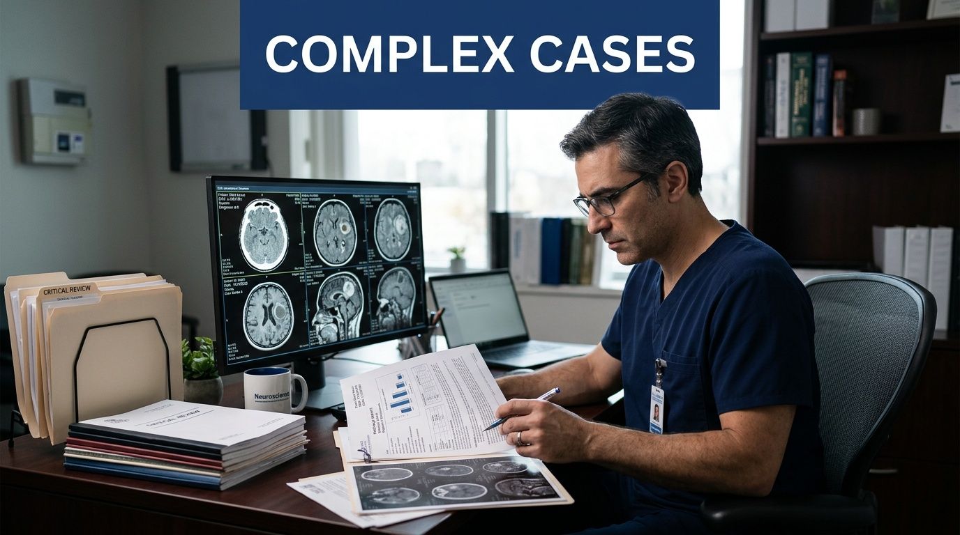 A professional doctor reviewing patient brain scan imaging and medical documents at his office desk.
