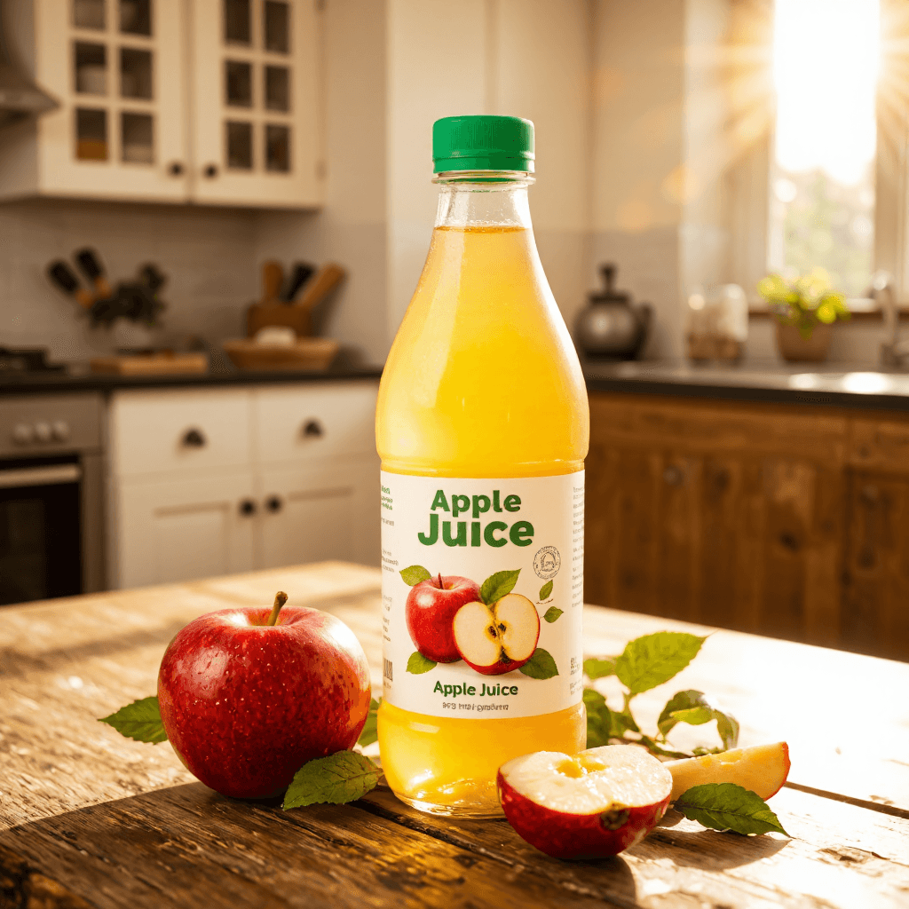 product photography of a bottle of apple juice