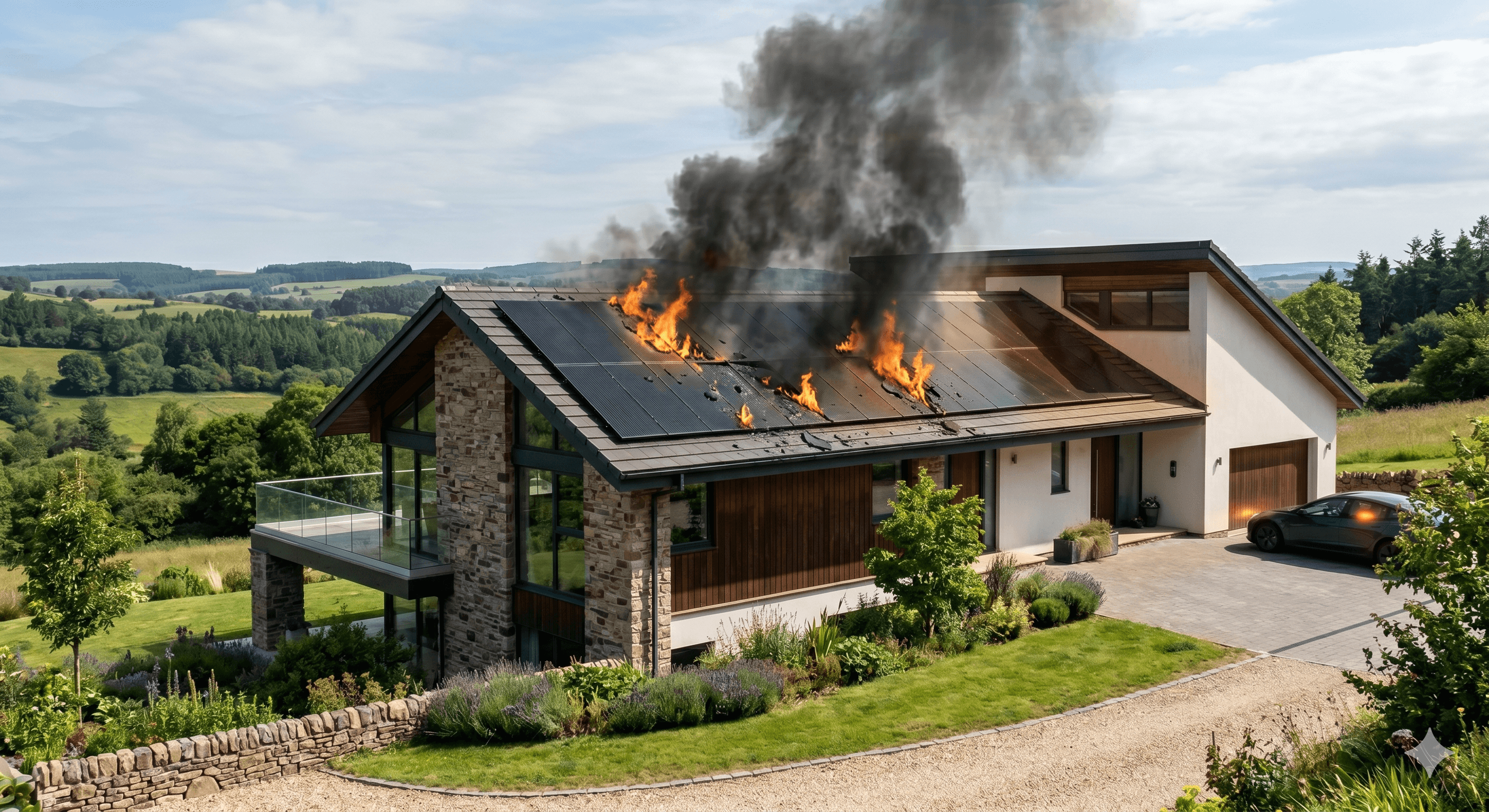 photo d'une installation photovoltaïque avec des flammes