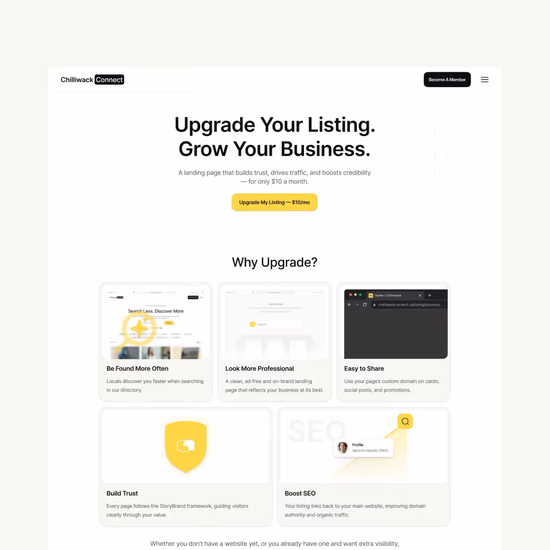 Chilliwack Connect website section highlighting upgrade listing grow business