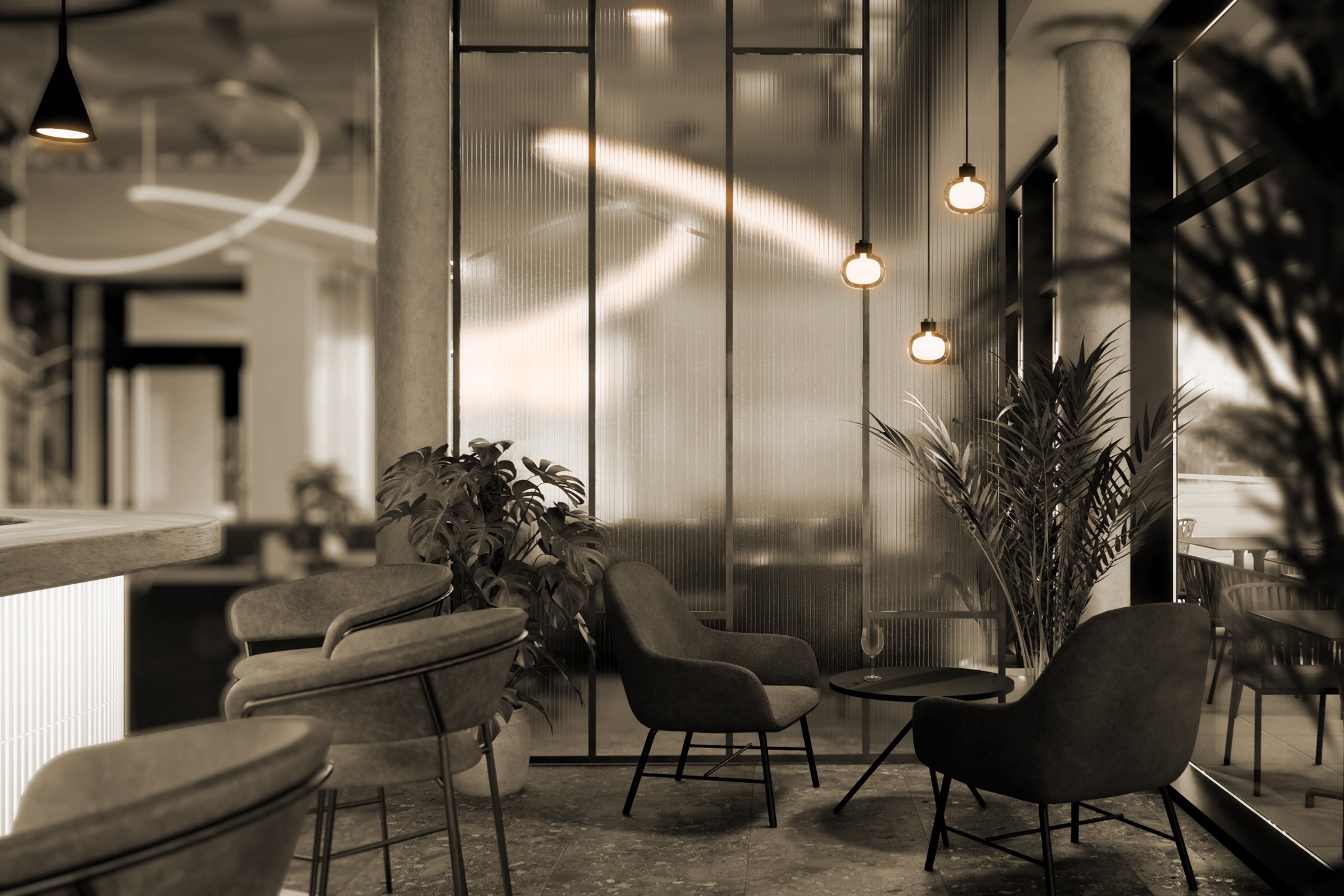 Schwarz-weißes 3D Rendering eines Restaurants