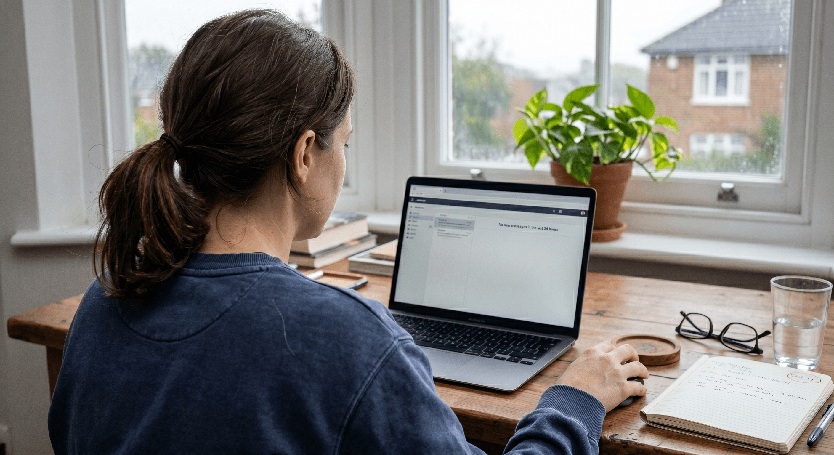 An employee at a tidy home desk checking an email inbox with no new messages, soft overcast light through a window