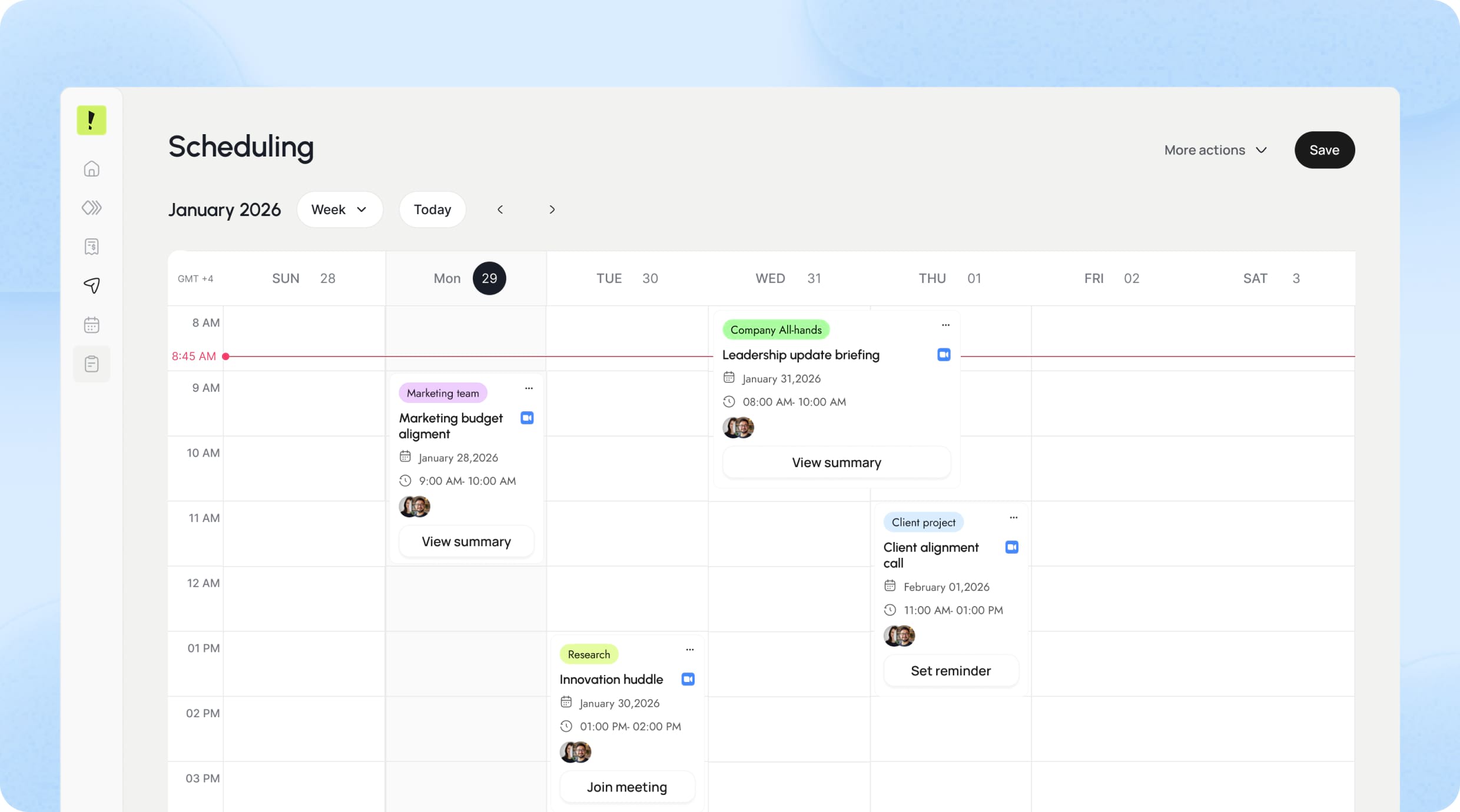 Calendar view with upcoming meetings