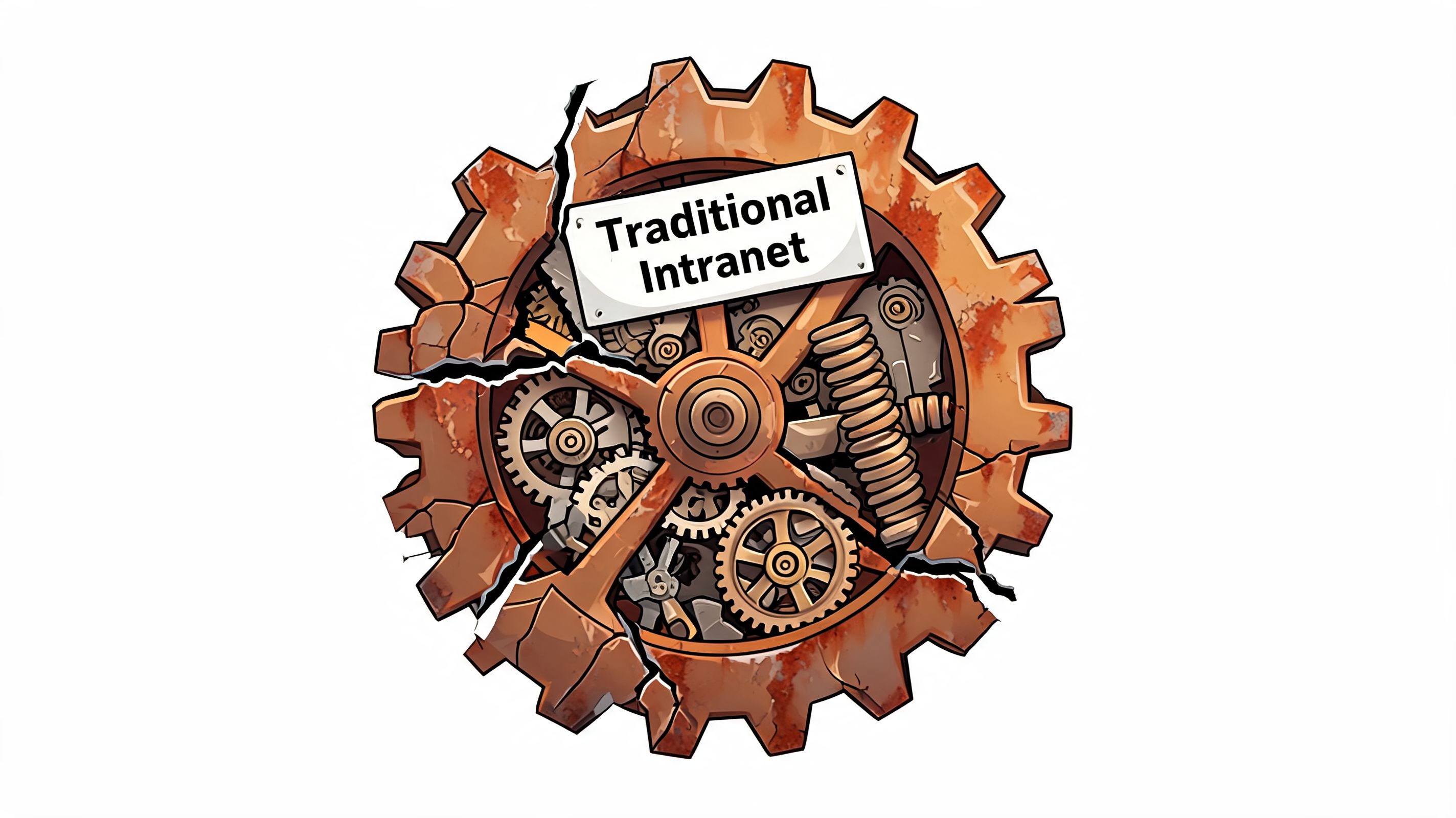 A large rusty gear with cracks, labeled 'Traditional Intranet', illustrating an outdated and broken workplace system.