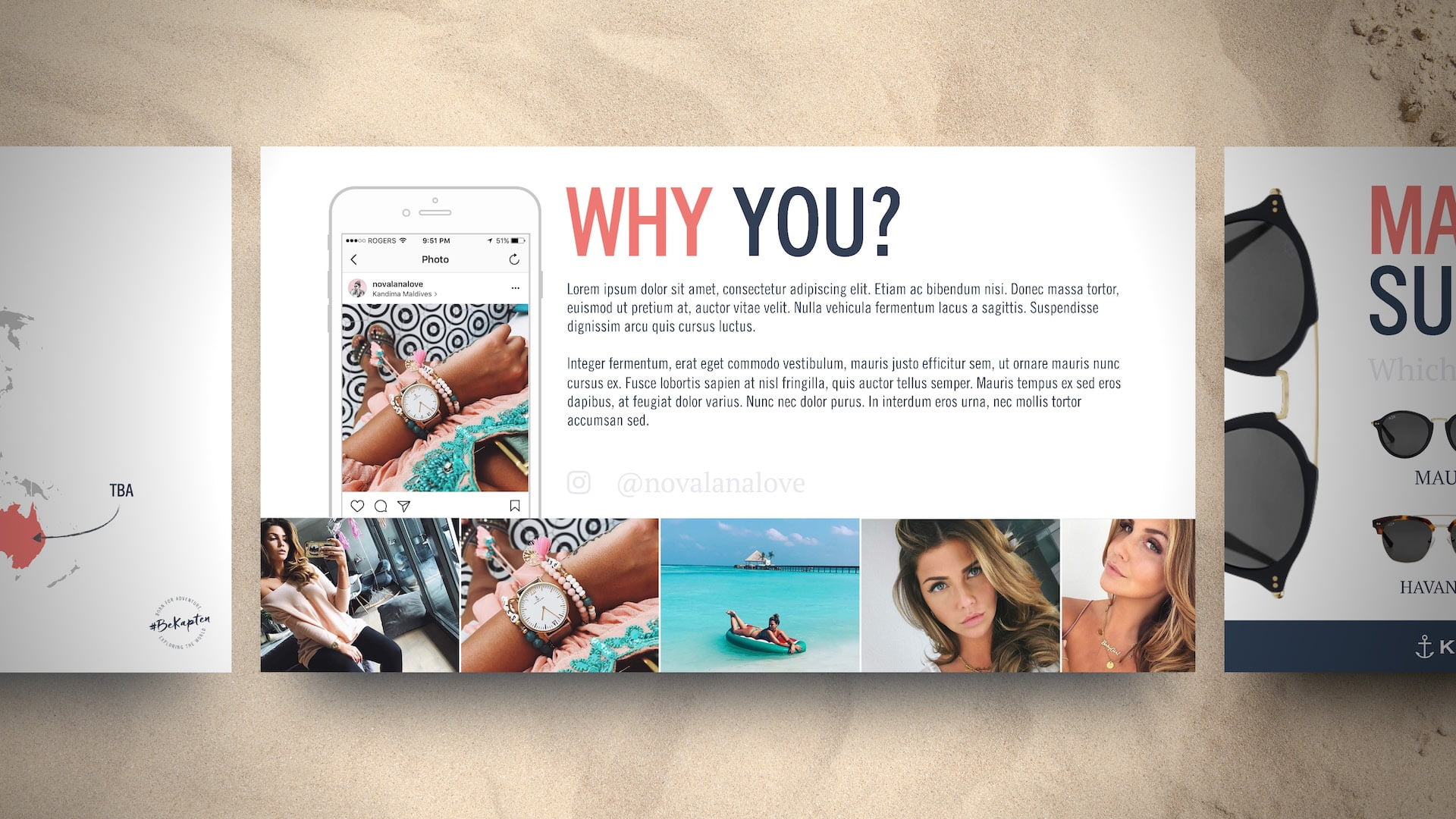 Kapten & Son influencer partnership pitch deck "Why You?" slide showcasing iPhone mockup with @novalanalove Instagram post featuring Kapten & Son watch, accompanied by lifestyle photography grid of travel and beach content from Maldives, designed by Chadd Weston on sand texture background.