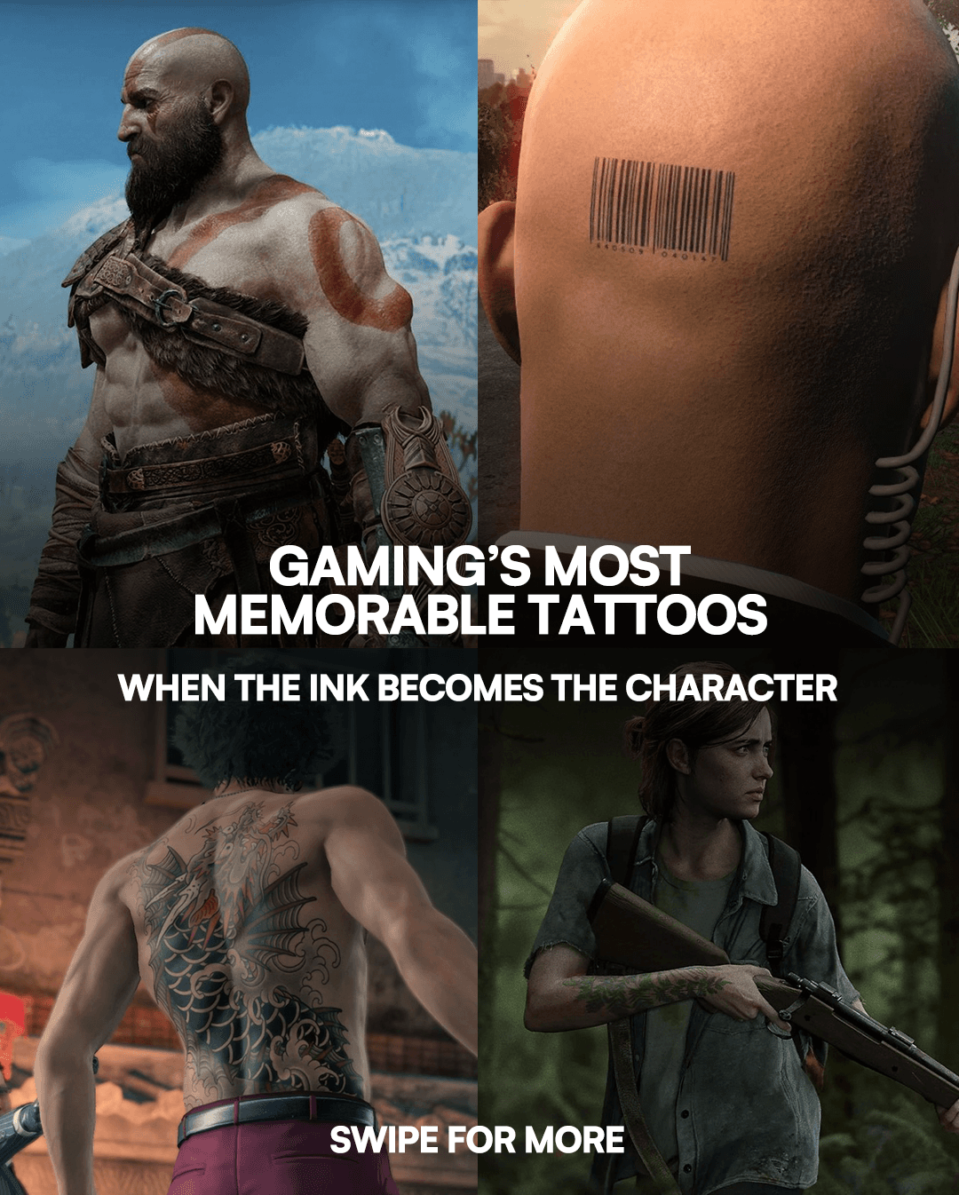 EXP.Pack social post graphic titled ‘Gaming’s Most Memorable Tattoos’ over a collage of game-inspired tattoo imagery.