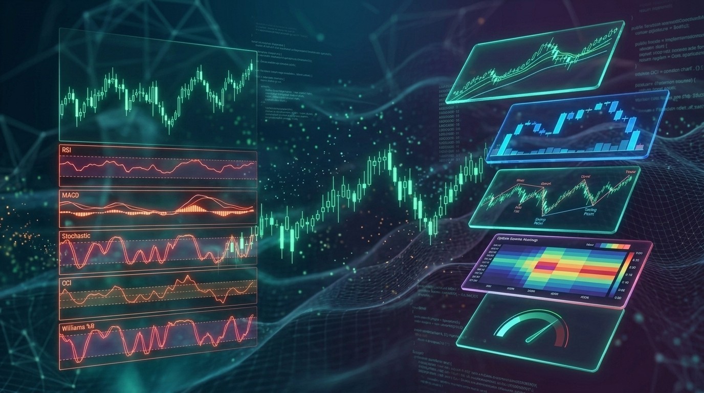 Trading screen comparing five correlated momentum oscillators on the left with five independent signal categories for confluence trading on the right including trend flow structure and positioning data