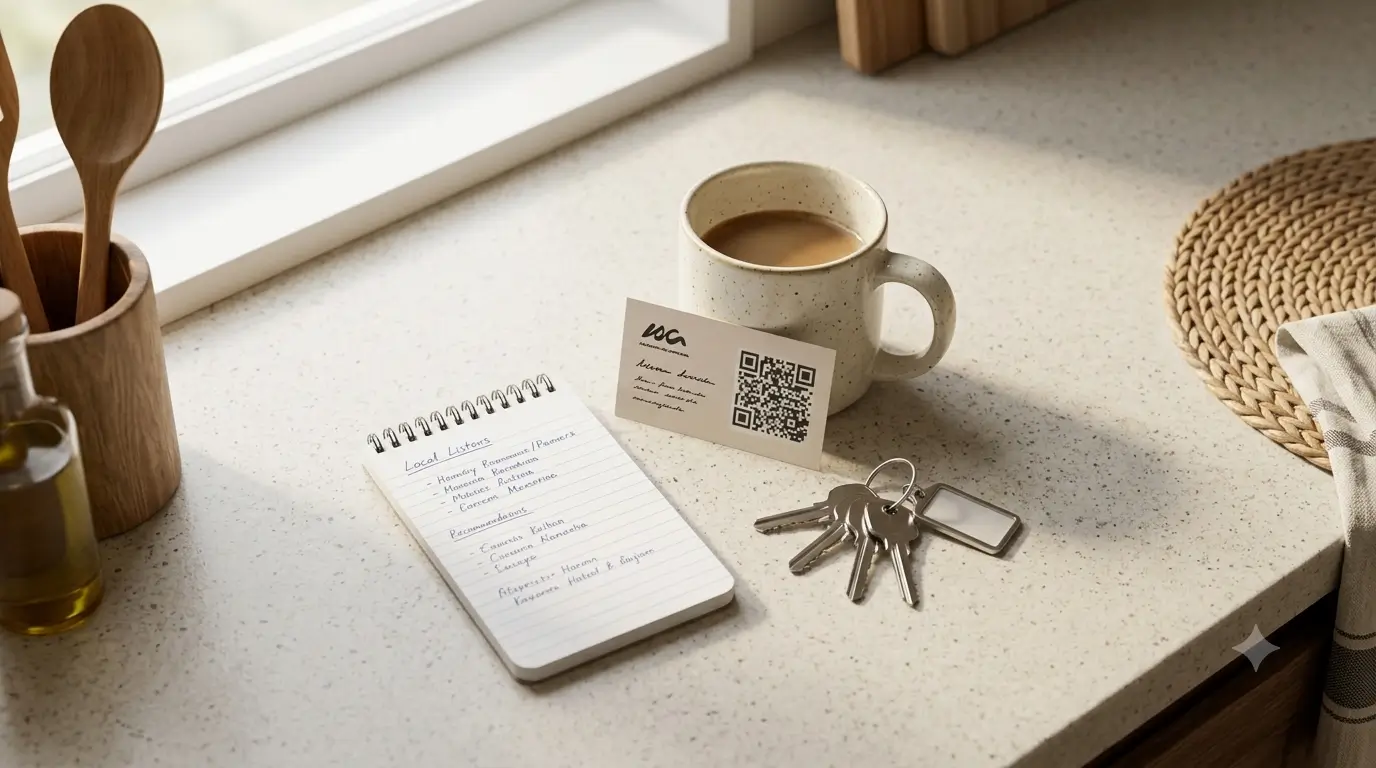 A short handwritten shortlist of local recommendations next to a QR card on a rental kitchen counter.