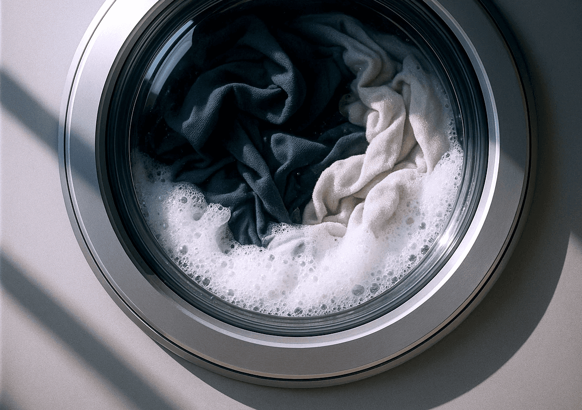 Close-up of washing machine with clothes in it covered in foam
