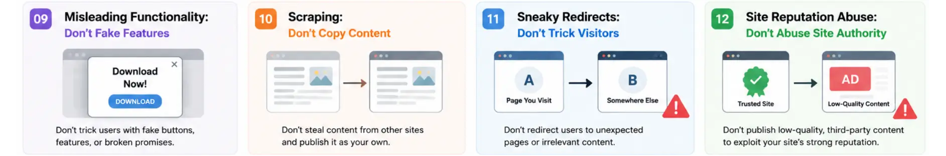 SEO infographic on misleading functionality, scraping, redirects, and site reputation abuse.
