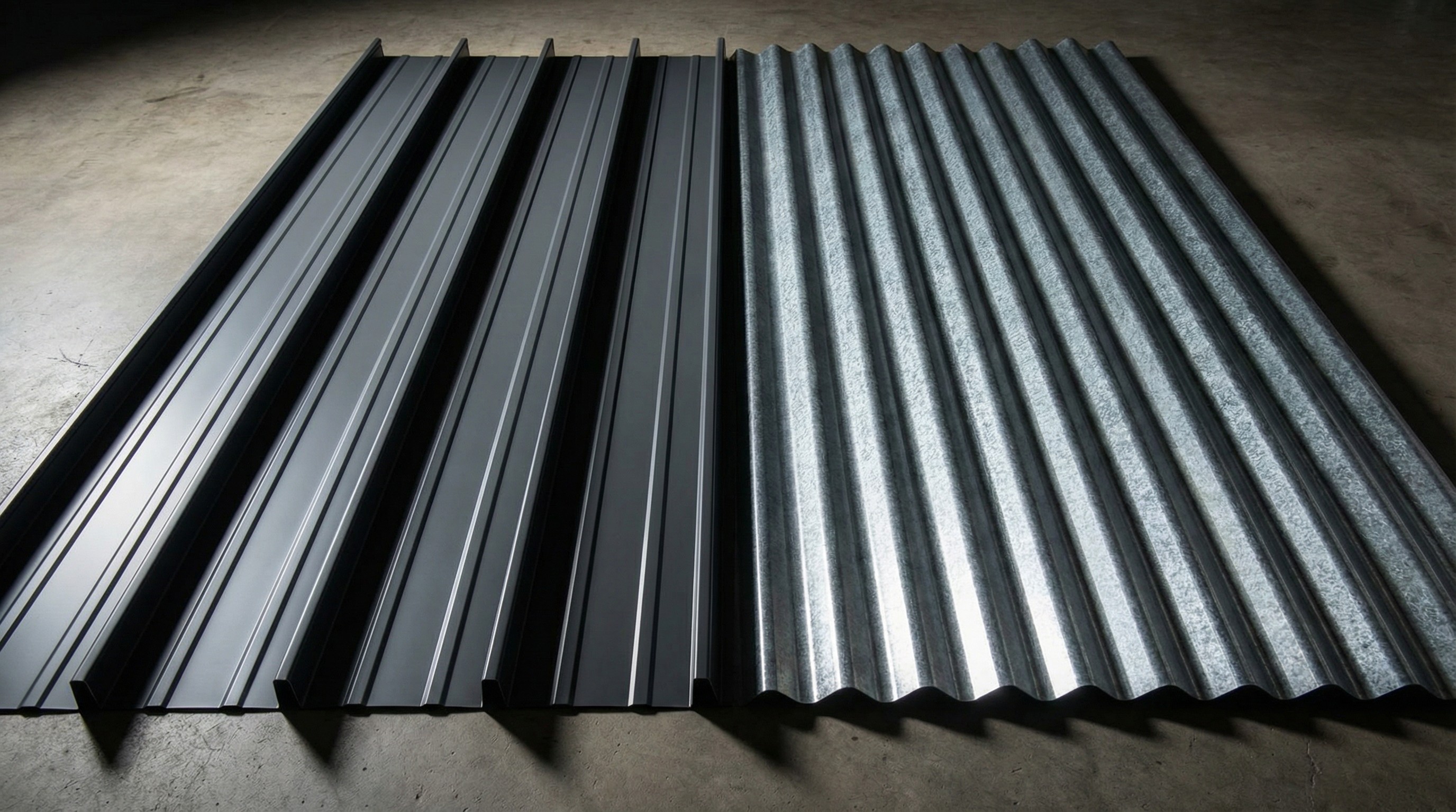 Close-up comparison of standing seam vs corrugated metal roofing profiles.