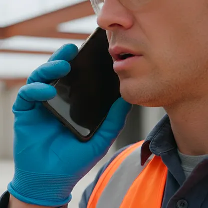 Construction worker wearing safety gloves and a high-visibility vest talking on a smartphone, representing frontline communication in industrial environments.