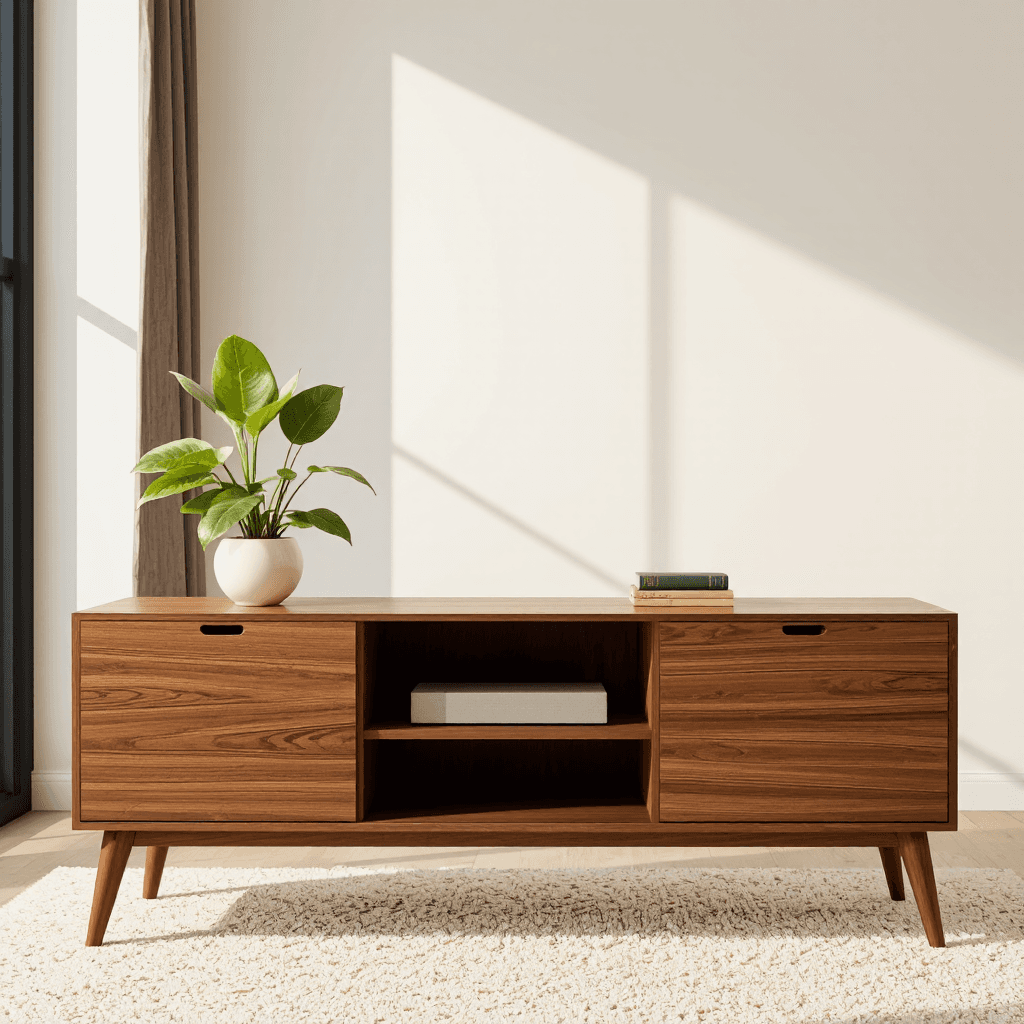 product photography of a wooden TV stand with storage compartments