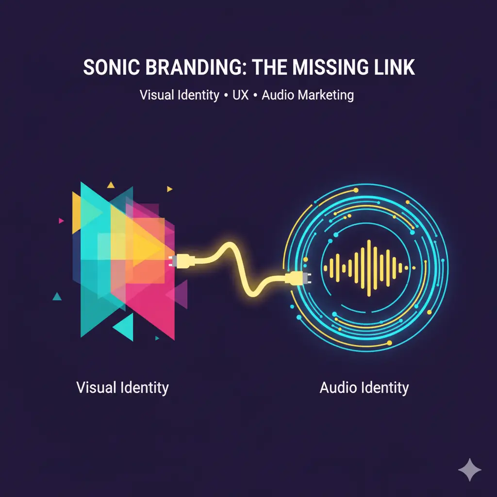 A vibrant, abstract illustration on a dark background. On the left, a cluster of colorful, overlapping geometric shapes represents "Visual Identity." On the right, concentric circles with glowing sound waves represent "Audio Identity." A bright yellow, curving cable connects the two, symbolizing how sonic branding links visual and audio aspects of a brand. The title "SONIC BRANDING: THE MISSING LINK" appears at the top.