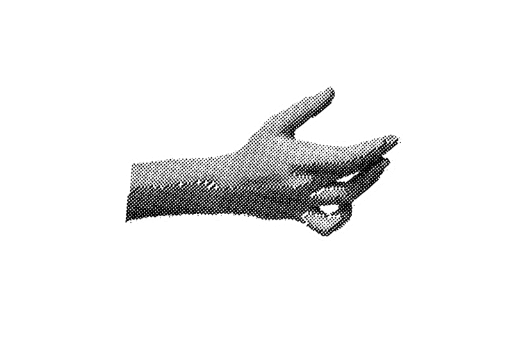 Vintage halftone illustration of an open hand with palm facing up symbolizing offering or presenting information