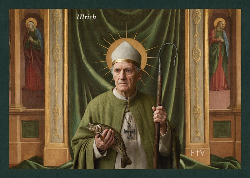 Sacred artwork by Faith and Verse. © Faith and Verse, 2025. All rights reserved. Traditional Catholic art postcard featuring Saint Ulrich in devotional portrait style.