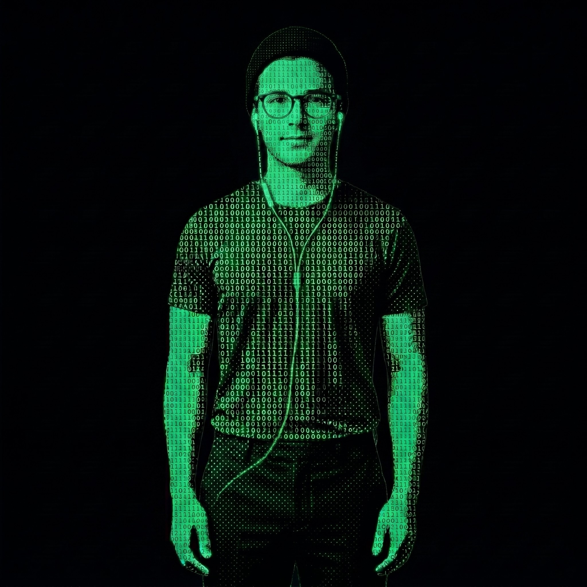 a man wearing a beanie, glasses, and wired earphones.