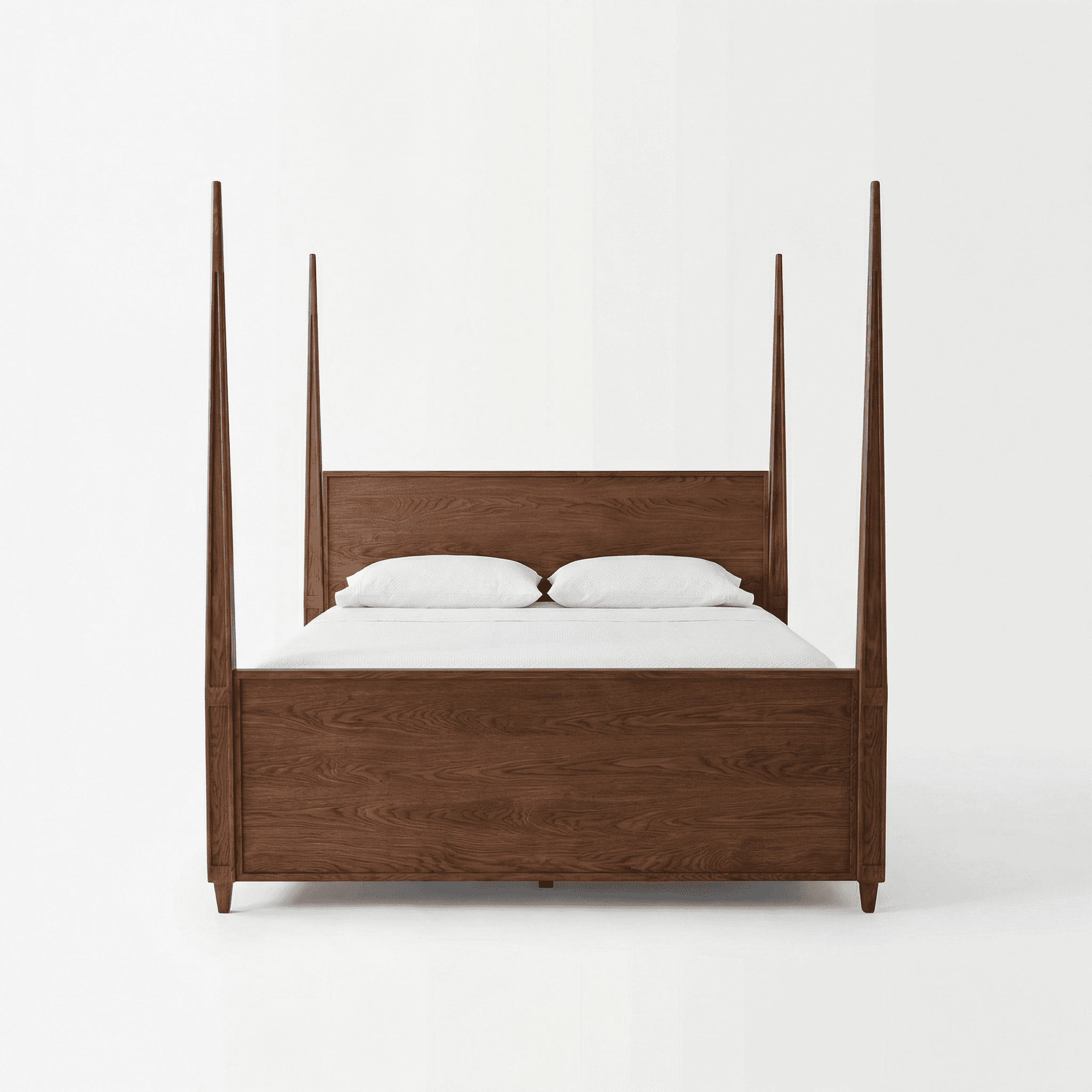 Wooden bed with tall headboard, straight edges, and solid base frame