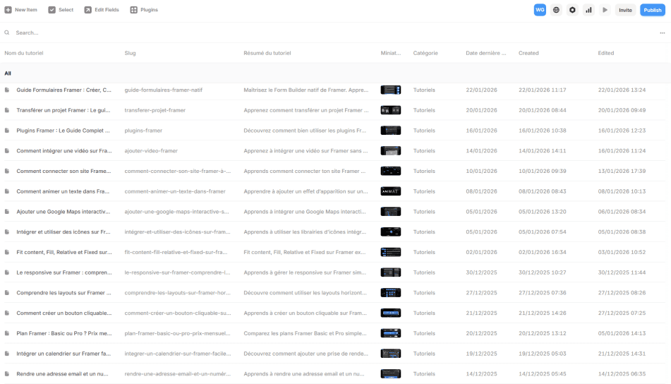 Interface de collection CMS sur Framer
