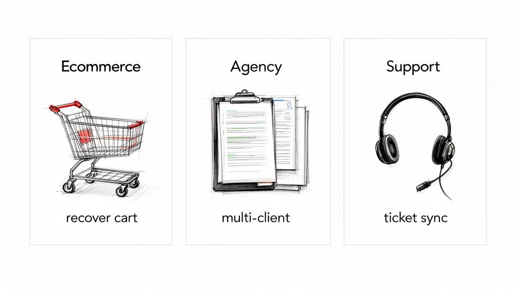 Three cards illustrating business features: 'Ecommerce - recover cart', 'Agency - multi-client', and 'Support - ticket sync'.
