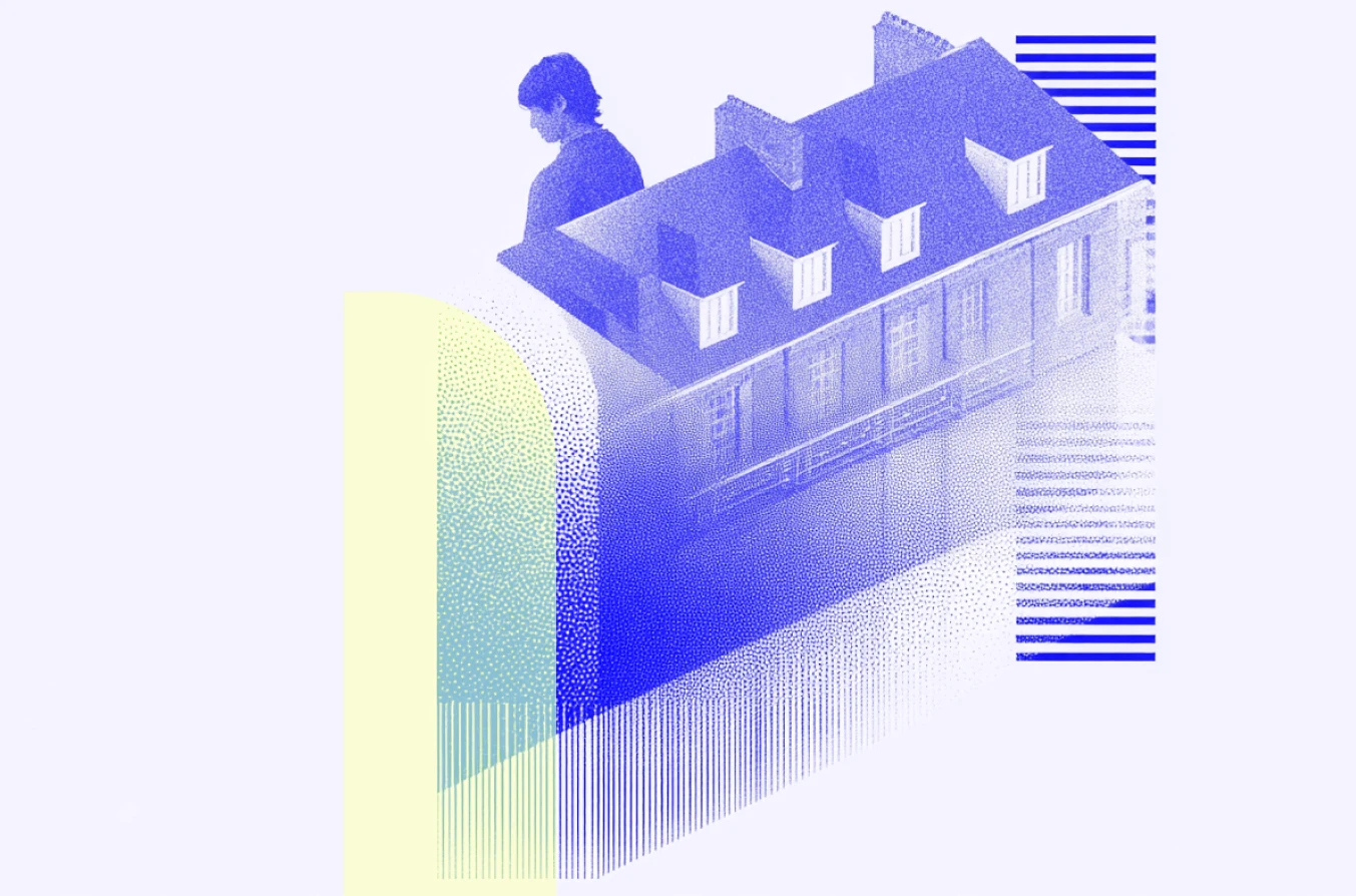A stylized graphic shows multiple figures ascending a staggered, step-like structure in shades of blue and yellow, symbolizing progress and growth, relevant for landlord management app and property management system themes.