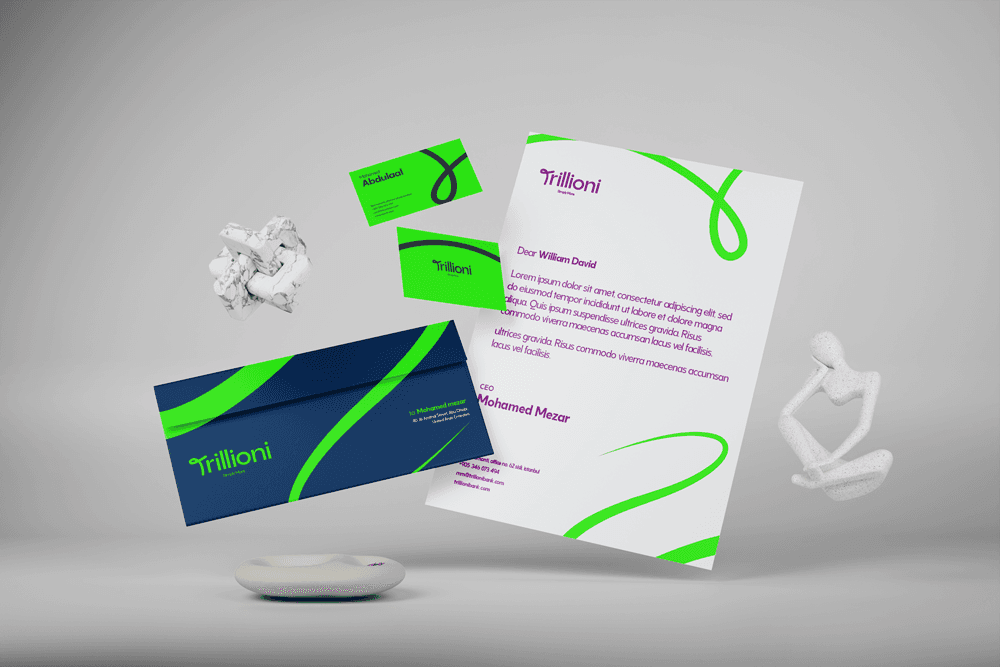 Trillioni Bank stationery set including business cards and letterhead with modern branding.