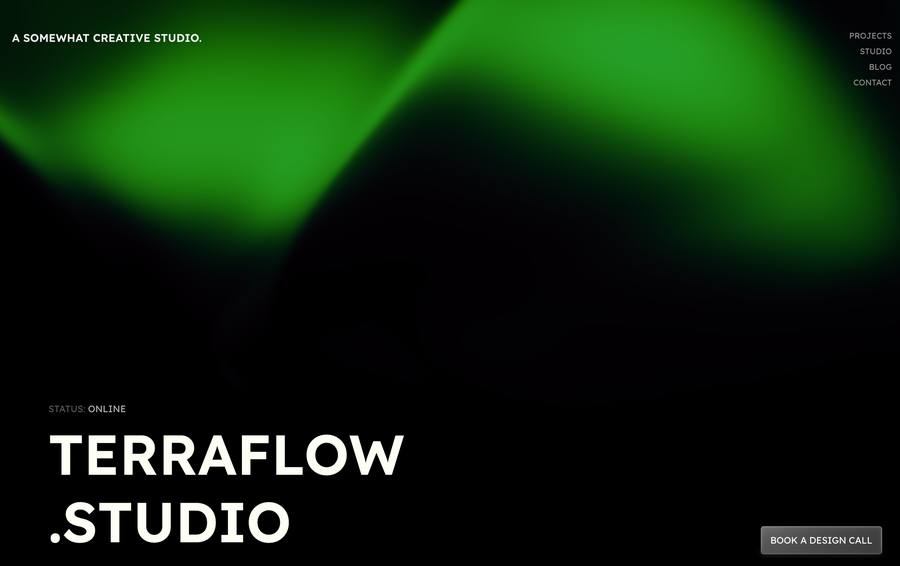 Version one hero: green aurora gradient on black with the TerraFlow.Studio wordmark and a floating Book a design call button.