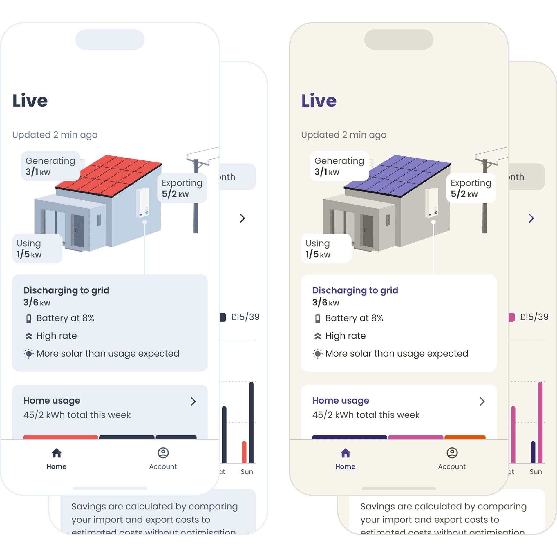 Two app theme examples, side-by-side with two mobile app screen previews, one in the front covering most of the other one behind. Both examples show the same content, but they look different.