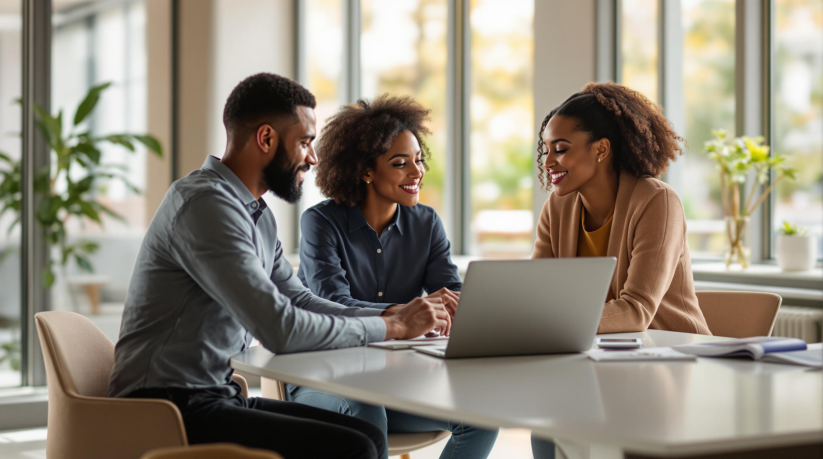 three business people sitting in a professional meeting room