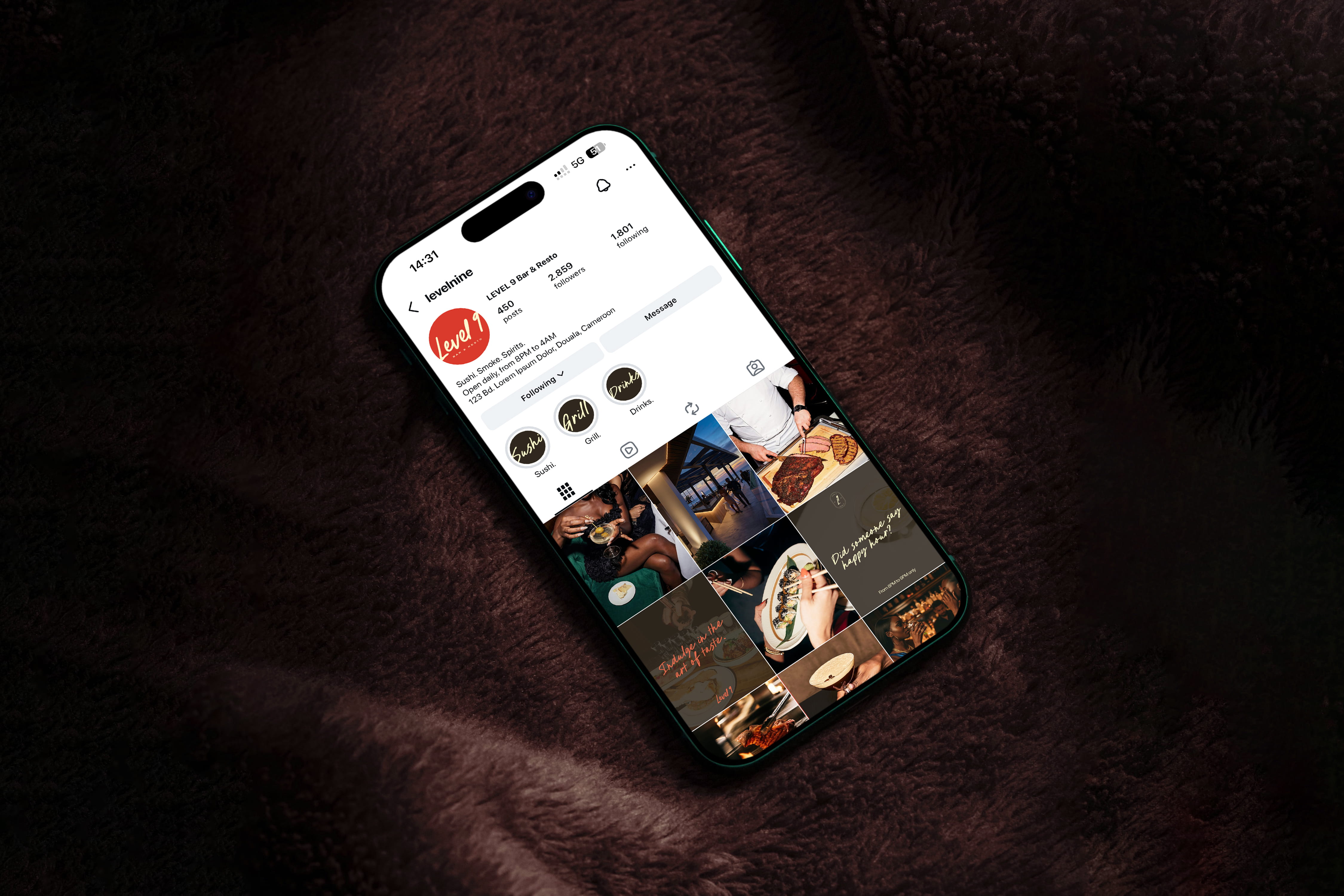 Branding, social media design, and visual identity design for restaurant and bar with sushi, steaks and cocktails in Douala, Cameroon