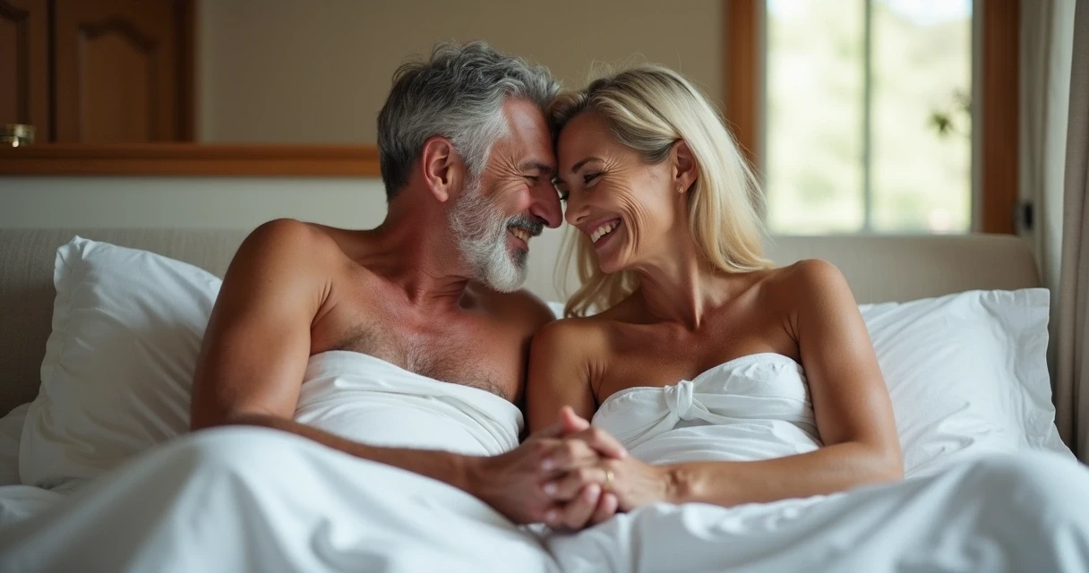 Casal de meia-idade praticando atividade sexual íntima discreta 