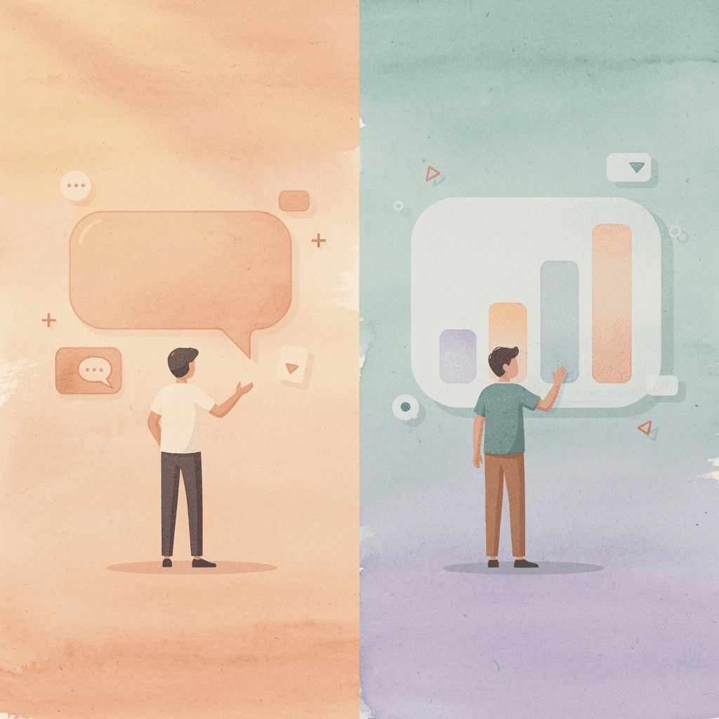 Split scene illustration contrasting content factory versus conversion system approaches to SEO - SaaS SEO