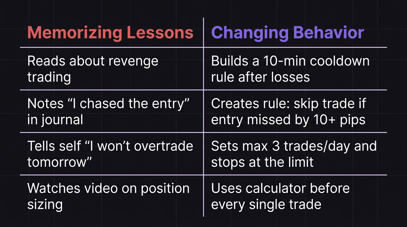 Diagram comparing memorizing trading lessons versus changing trading behavior