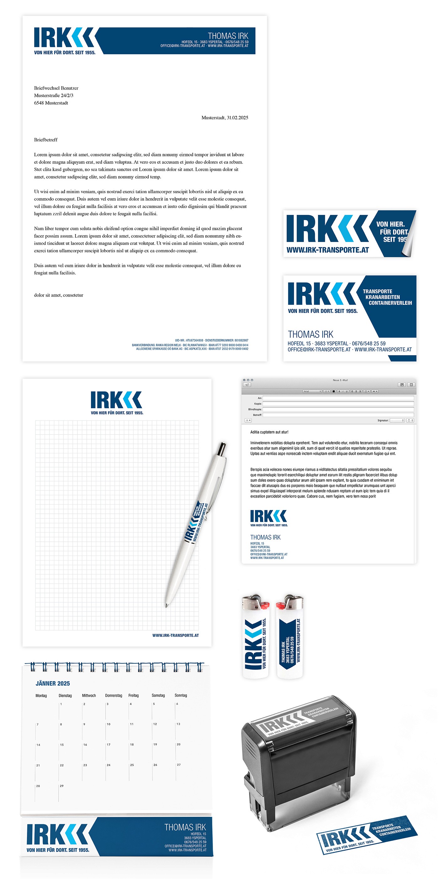 Briefpapier, Logo, Block, E-mail Signatur, Kugelschreiber, Feuerzeug, Stempel, Kalender